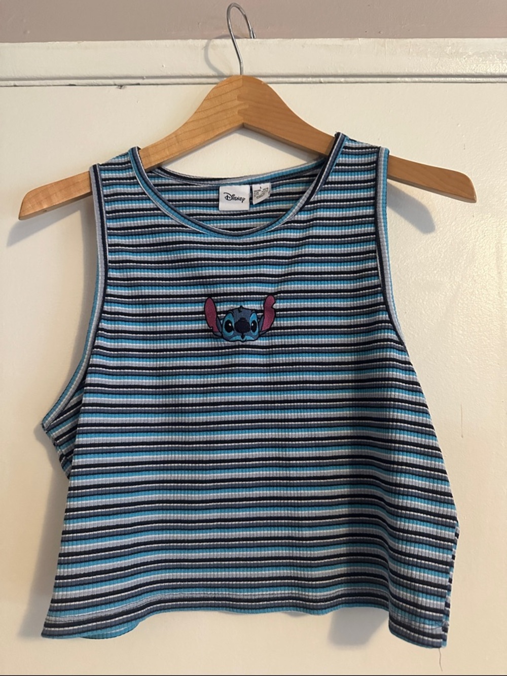 Disney Blue & Black Striped Crop Tank with Stitch Patch